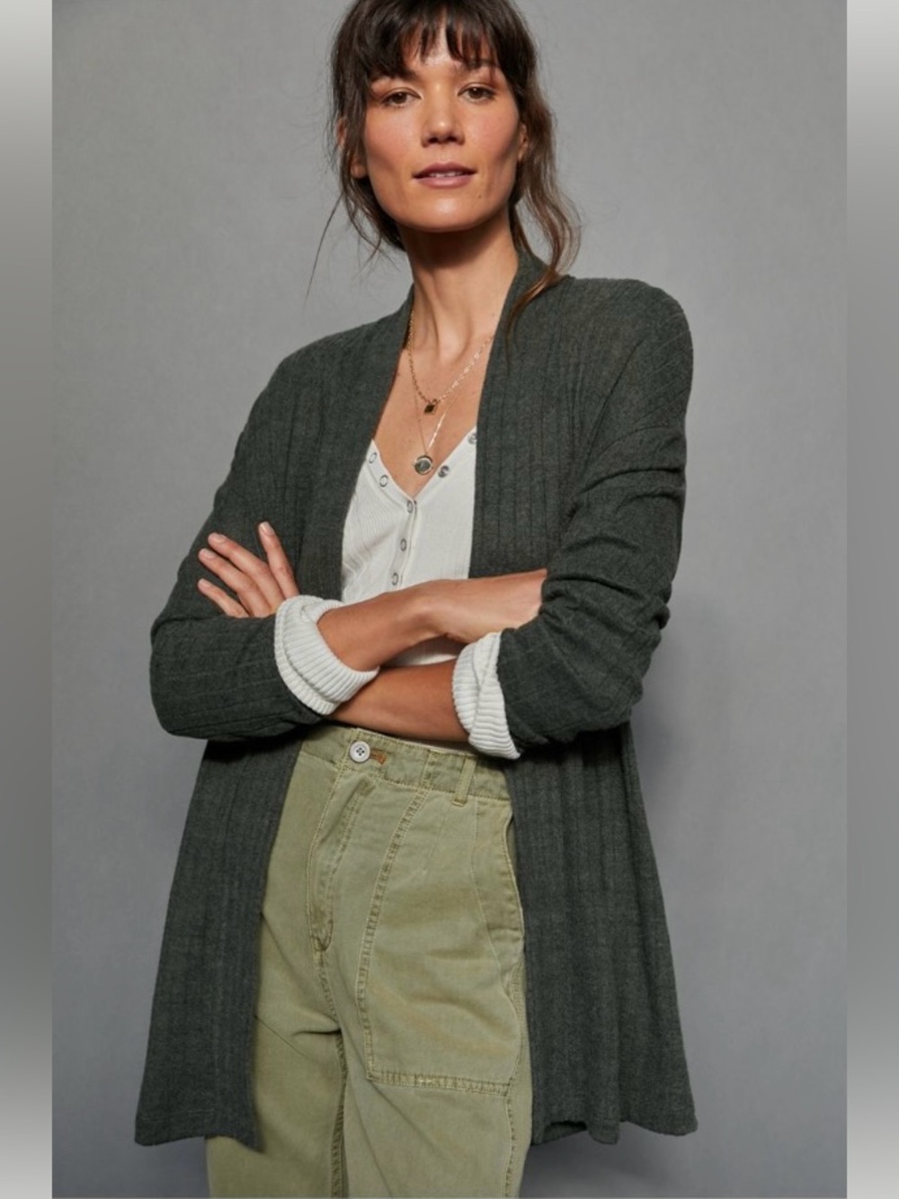 Eri + Ali Montana Ribbed Cardigan in Moss